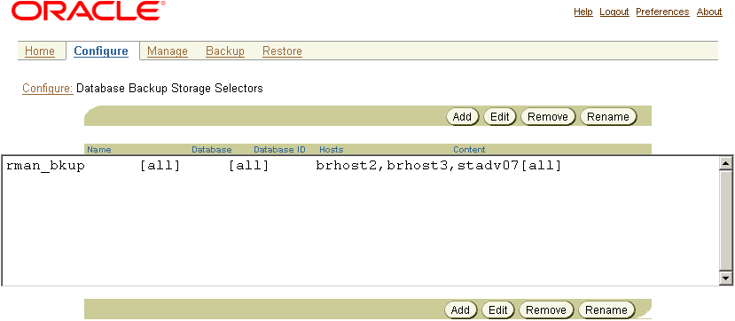 Shows the Database Backup Storage Selectors page.