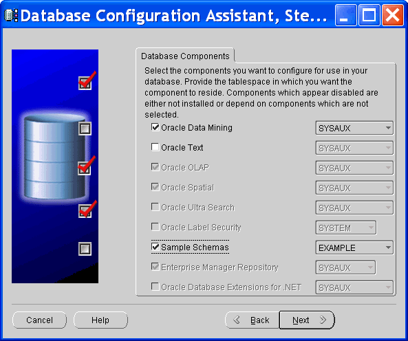 DBCA: select data mining and sample schemas to add