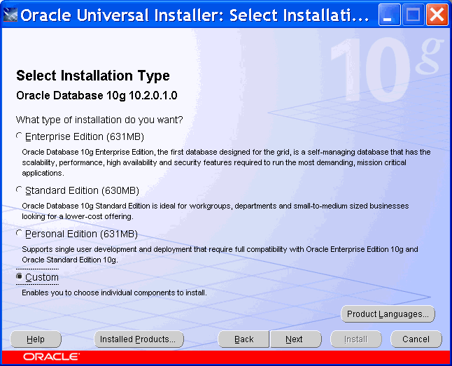 advanced database installation: choose custom