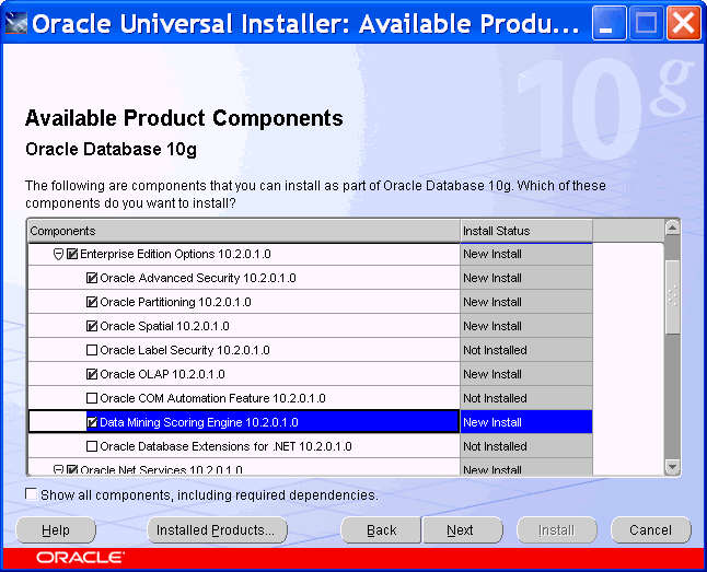 custom database installation: choose data mining scoring engine