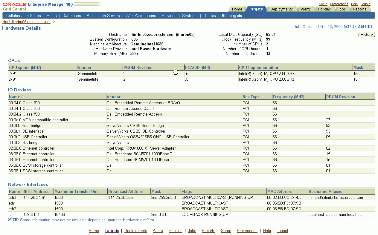 This is the Enterprise Manager Host Hardware Details page.